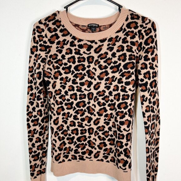 Express Animal Print Sweater S Womens Tan Black Brown Pullover Size Small Petite - Picture 7 of 10